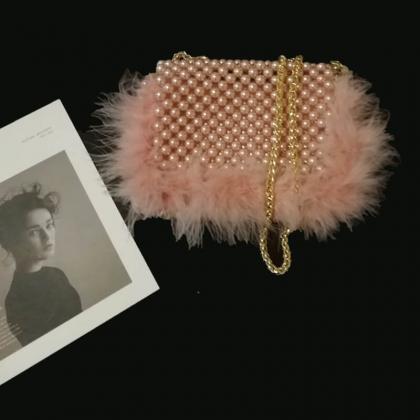 Pink Cute Hadmade Customize Pearl Fur Crossbody..