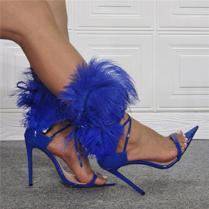 Blue Fashion Patent Leather Fur Open Toe High Heel..