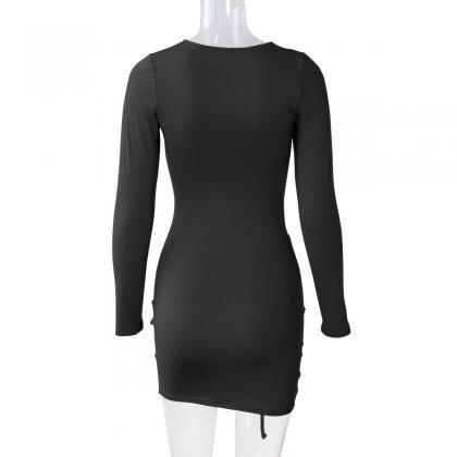 Sexy Long Sleeve Drawstring Pleated Bodycon Party..