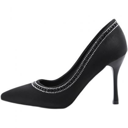 Diamond Thin High Heel Black Satin Shoes