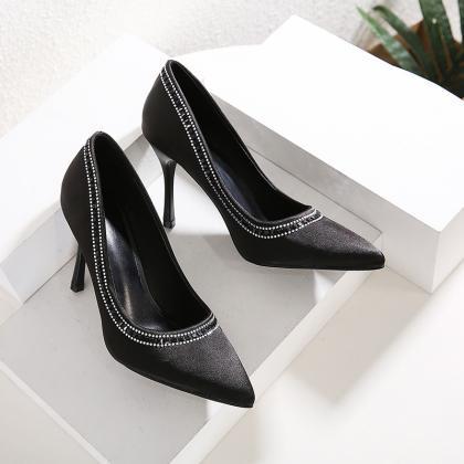 Diamond Thin High Heel Black Satin Shoes