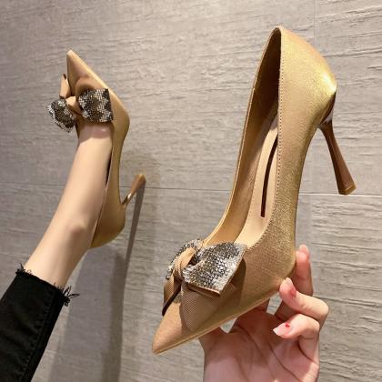 Silk Bow Diamond Shoes-brown