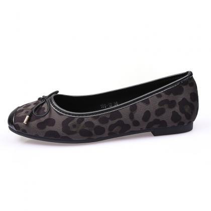 Bow Leopard Print Flat Shoes-gray