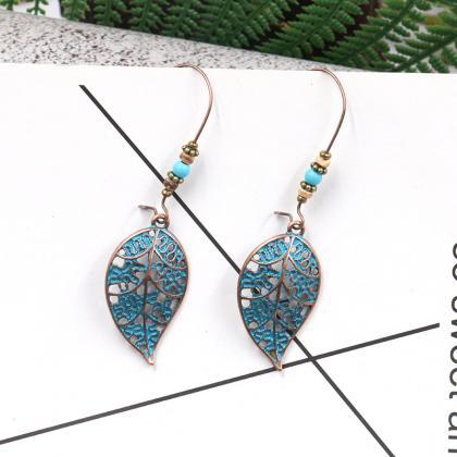Metal Earrings With Hollow Leaves And Ears-2