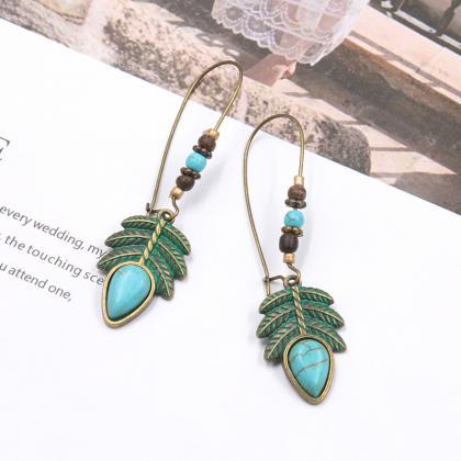 Creative Leaf Leaves Turquoise Beads Earrings