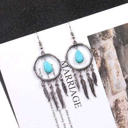 Round Turquoise Earrings Alloy Leaf Pendant..