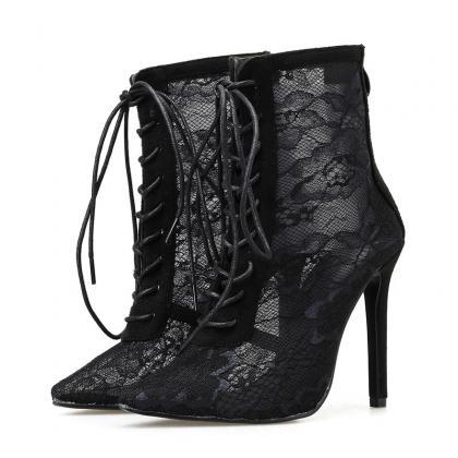 Black Lace Pointed Toe Strap High Heels Ankle..