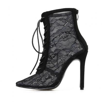 Black Lace Pointed Toe Strap High Heels Ankle..