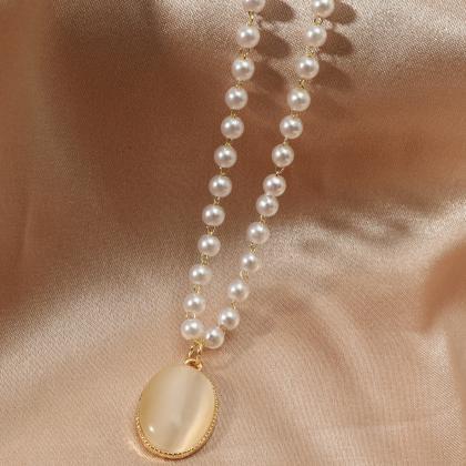 Retro Pearl Oval Gem Necklace Personality Fashion..