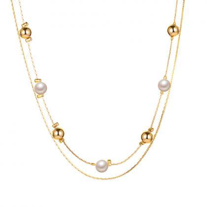 Gold Bead White Bead Double Clavicle Chain..