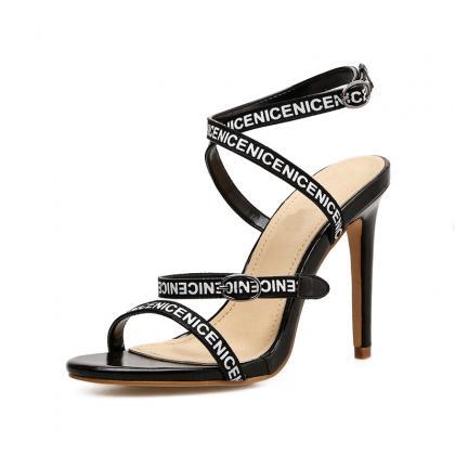 Letter Ribbon High Heeled Sandals Sexy Thin Heeled..
