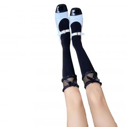 Black Lace Medium Short Velvet Bow Stockings
