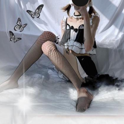 Black Bow And Blank Lace Over Knee Stockings
