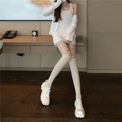 White Silk Stockings With Tie And Cross Bow