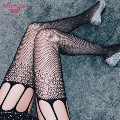 Sexy Suspender Sock With Drill Mesh Pantyhose With..