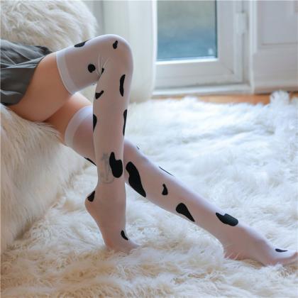 Milk White Spotted Socks High Top Over Knee Socks
