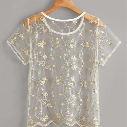 Floral Embroidery Perspective Screen T-shirt