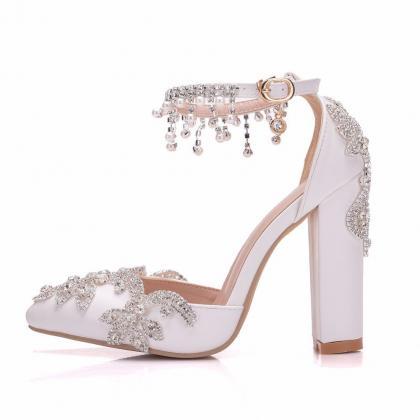 White Tassel Diamond Crystal Wedding Shoes Thick..