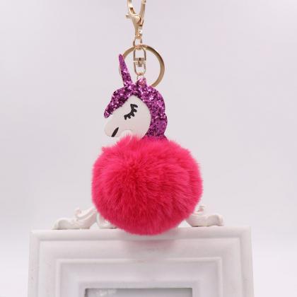 Unicorn Key Chain Imitation Rex Rabbit Hair Ball..
