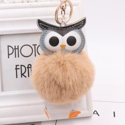 Cute Owl Hairball Keychain Pu Leather Cartoon..