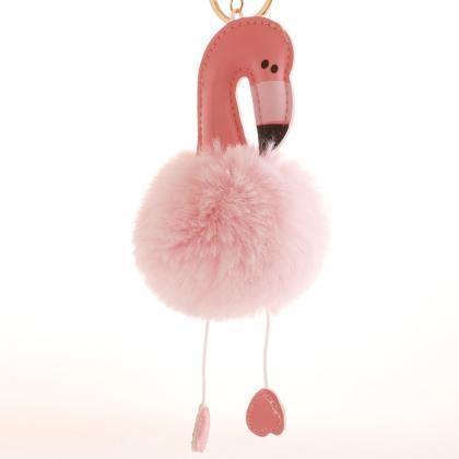 Pu Leather Flamingo Hair Ball Key Chain Plush..