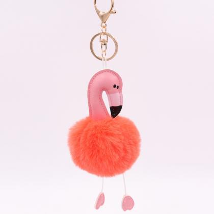 Pu Leather Flamingo Hair Ball Key Chain Plush..