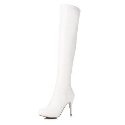 Pointed Side Zipper High Heeled Knee Boots-white