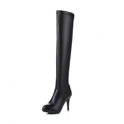 Pointed Side Zipper High Heeled Knee Boots-black