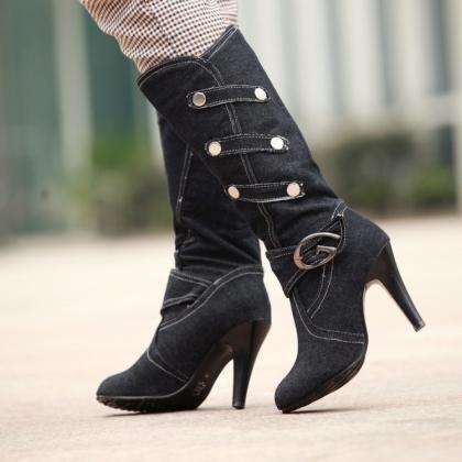 Denim High-heeled Women's Boots-black