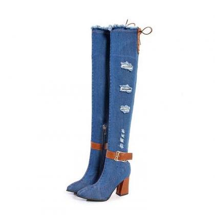 Fashion Hole Denim Thick Heel Knee Boots-blue-3