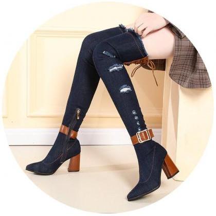 Fashion Hole Denim Thick Heel Knee Boots-blue