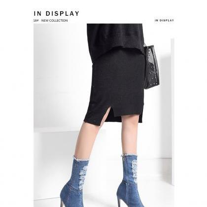 Denim Thin Heel Pointed Elastic Short Boots-blue