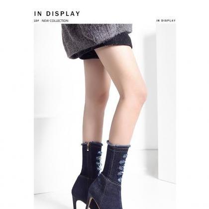 Denim Thin Heel Pointed Elastic Short Boots-dark..