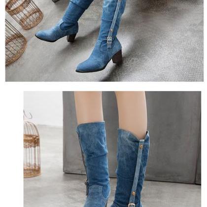 Casual Cloth High-heeled Middle Boots-blue-1