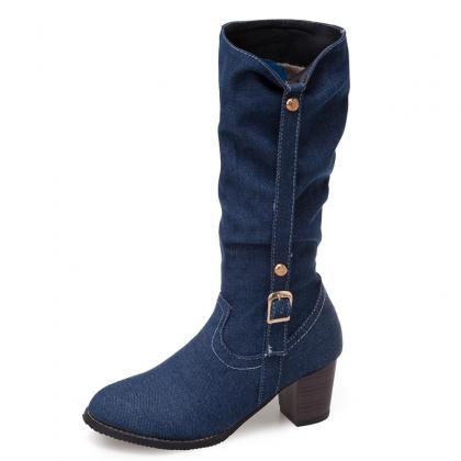 Casual Cloth High-heeled Middle Boots-dark Blue