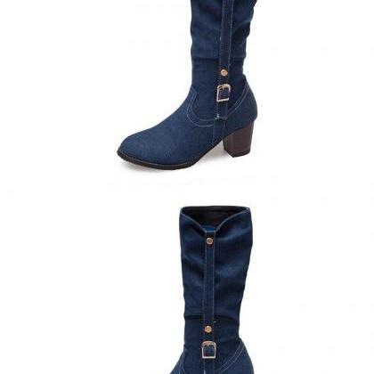 Casual Cloth High-heeled Middle Boots-dark Blue