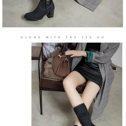Casual Cloth High-heeled Middle Boots-black