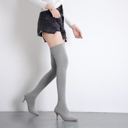 Rhinestone Thin Heel Thin Knee High Boots-gray