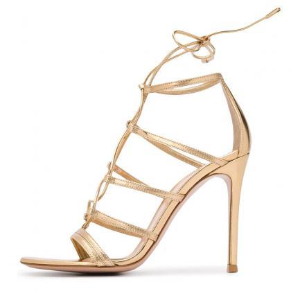 Gold Pu Thin High Heel Front Lace Up Open Toe..