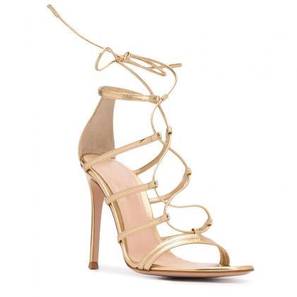 Gold Pu Thin High Heel Front Lace Up Open Toe..