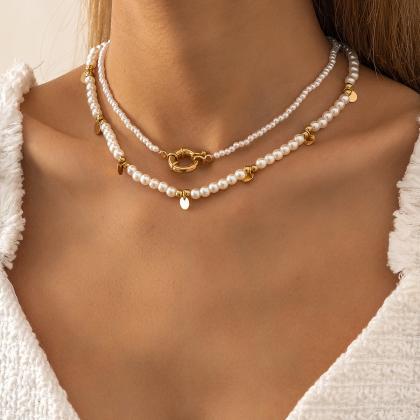 Vintage Imitation Pearl Geometric Tag Necklace