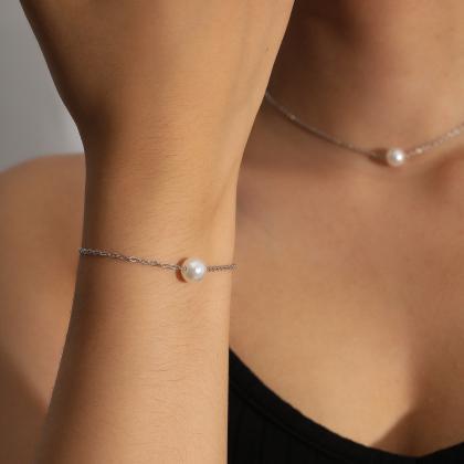 Bracelet Set Neck Chain Pearl Necklace-silvery