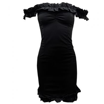 Off Shoulder Wood Ear Hip Wrap Party Dress-black