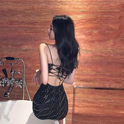 Sequin Backless Strap Sexy Suspender Party Dress