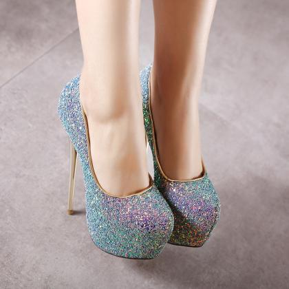 Glitter Rounded-toe Platform High Heel..