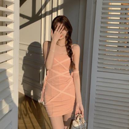 Low Cut Bandage Wrap Chest And Hip Dress-pink
