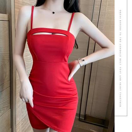 Low Cut Out Suspender Hip Wrap Dress-red