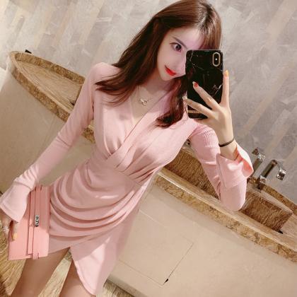 Pink V-neck Long Sleeve Bright Silk Pleated Hip..