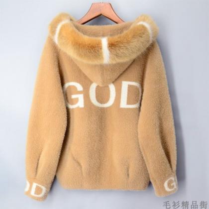 Imitation Mink Hooded Short Sweater Coat..