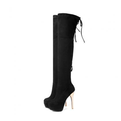 Autumn And Winter Lace Up Knee Boots Black Slim..